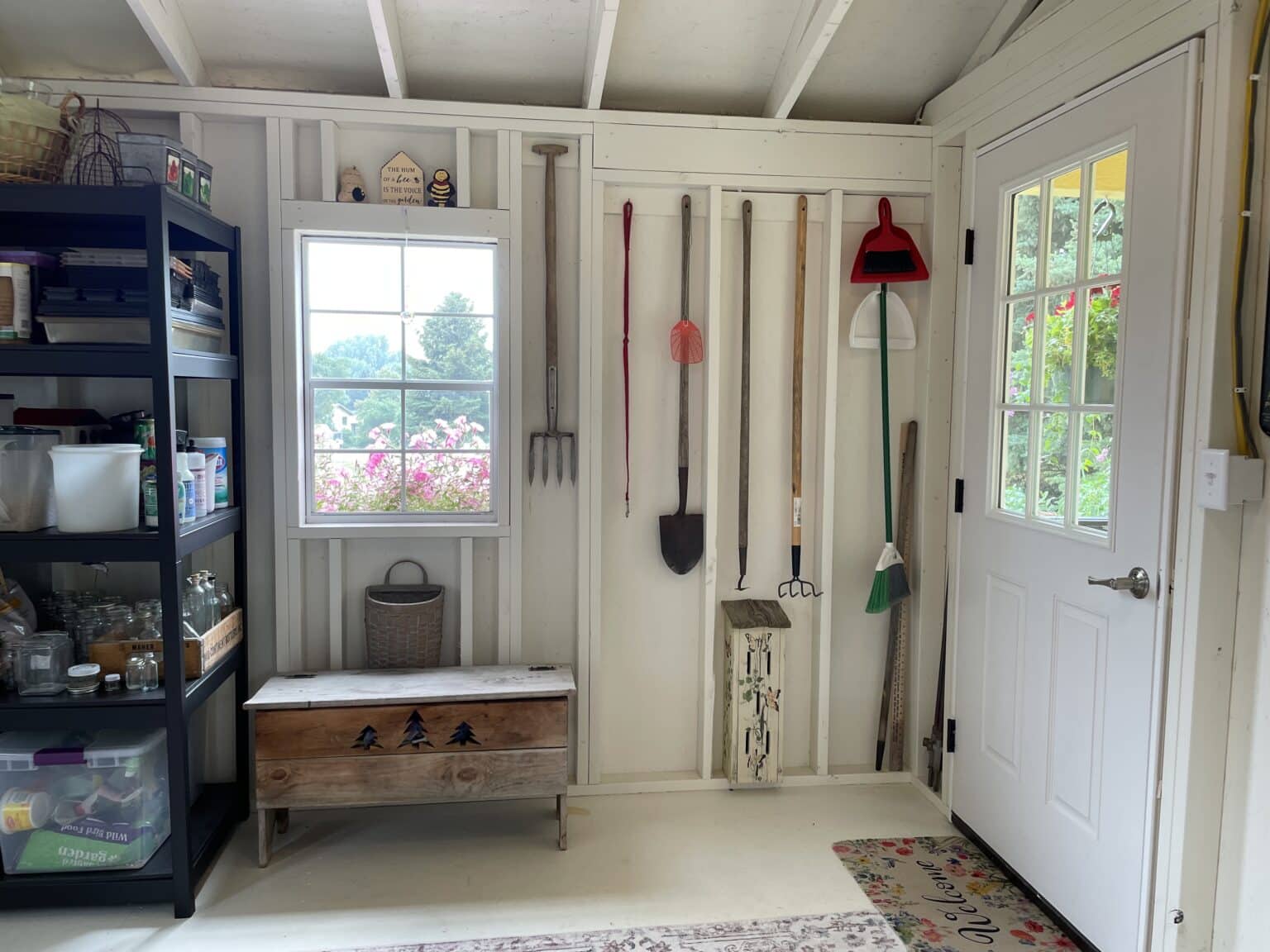 12x24 Ranch Cottage Shed interior with gardening tools