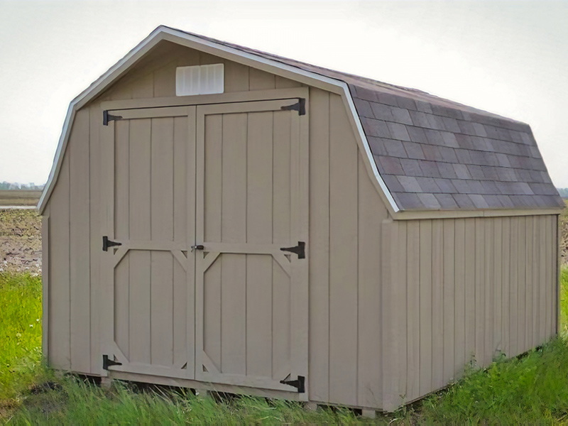Low barn shed with wood paneling for sale